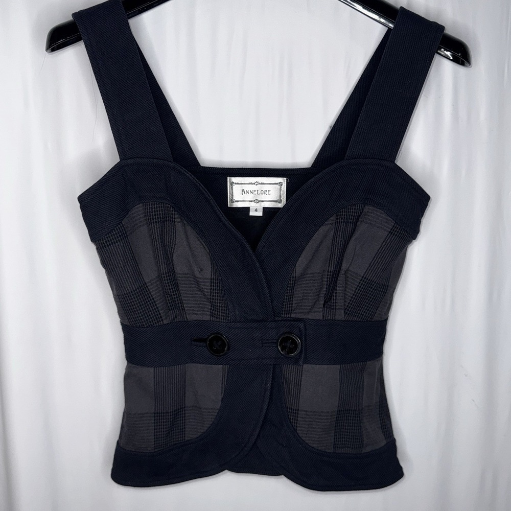 Size 4 - Annelore Corset Top Grey Plaid Navy Trim